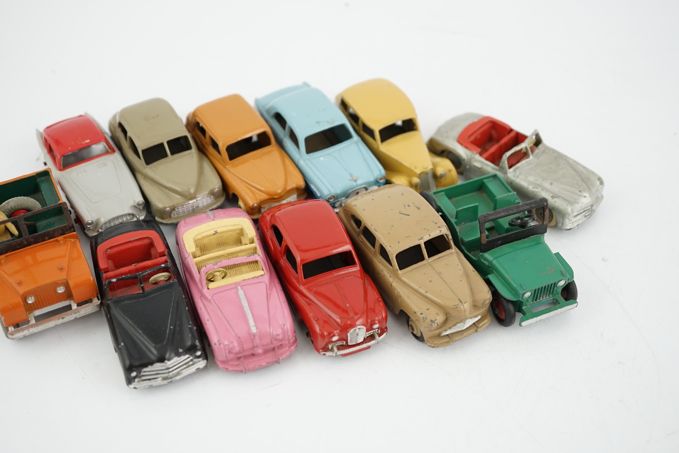 Twelve Dinky Toys, including; Austin Somerset, Triumph, Ford Zephyr, Morris Oxford, Vanguard, Simca 8 Sport, etc.
